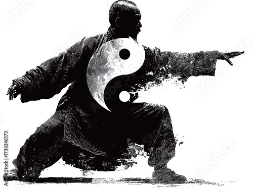 A martial artist is engaged in tai chi, demonstrating balance and focus. The yin yang symbol blends artistically with the figure, highlighting harmony in movement.