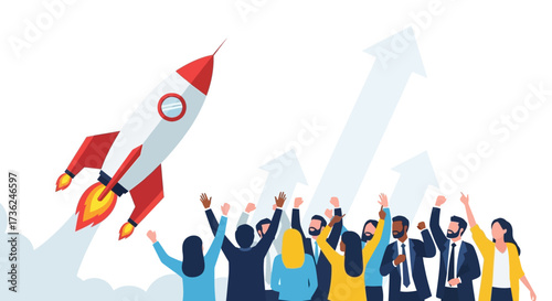 Business launch success Team celebrating rocket taking off for market growth with upward arrows, team celebrating achievement