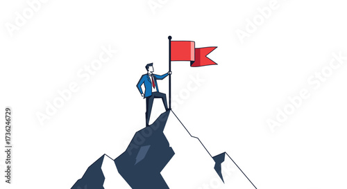 Businessman on Mountain Peak with Red Flag Achieving Success and Overcoming Challenges Concept