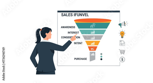 Optimizing Marketing Strategy A Business Professional Presents a Comprehensive Sales Funnel Diagram Illustrating the Customer Journey from Initial Awareness to Final Purchase Decision