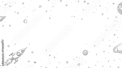 Hand-drawn space doodle frame with rockets, planets, and stars on a white background, perfect for cosmic themed designs and borders
