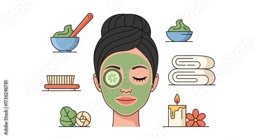 Graphic illustration of a woman enjoying a peaceful facial treatment with a green mask and cucumber slices. Perfect for representing spa, self-care, beauty, and relaxation themes