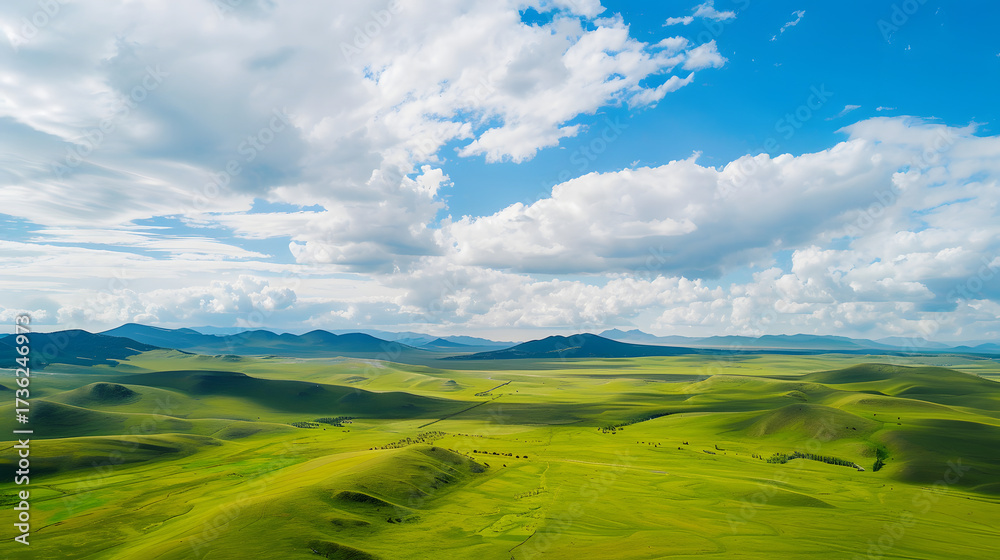 Obraz premium Green rolling hills under blue sky