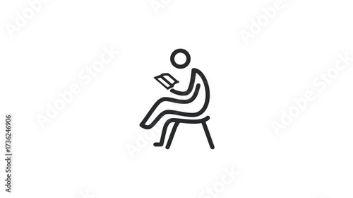 Simple line art icon of a person sitting on a stool and reading a book or digital tablet, symbolizing education, learning, and relaxation.