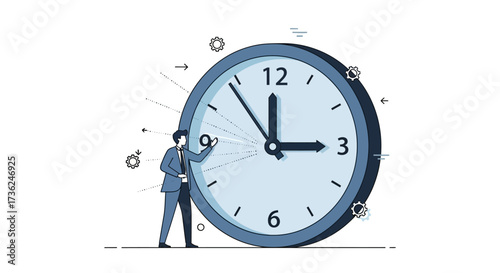 Conceptual illustration of a businessman managing time, pushing the hands of a large clock to control deadlines and improve productivity