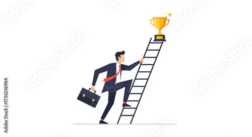 Reaching the Summit: An ambitious professional strides upward, scaling a towering ladder towards a golden trophy symbolizing career success and aspirations.