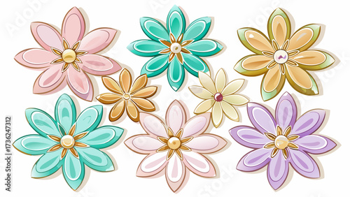 Very beautiful Eight pastel-colored enamel flower embellishments with gold accents and silver centers are arranged on a white background