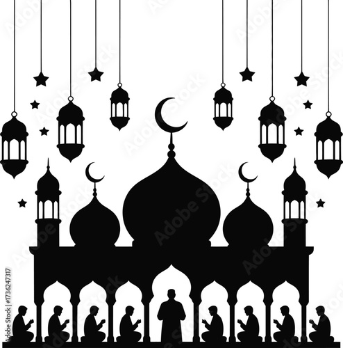 Islamic mosque silhouette with ramadan lanterns and worshippers silhouette