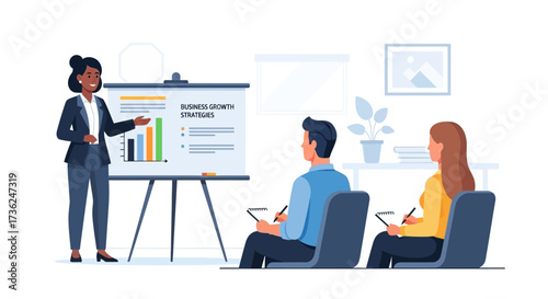 Businesswoman leading a corporate training session with a chart, presenting growth strategies to an attentive audience in an office