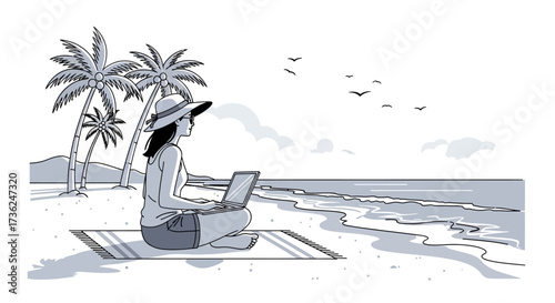 Enjoying the perfect blend of remote work and tranquil beach escape. A woman works on her laptop by the serene ocean, embodying flexible and productive lifestyle