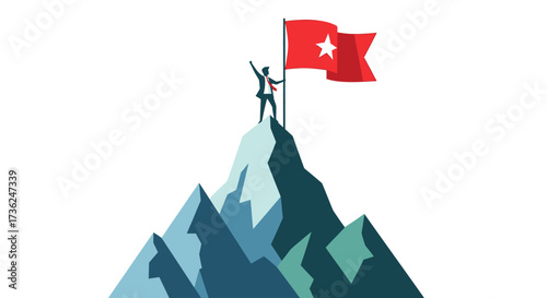 Achieving Success A Businessman Planting a Flag on the Mountain Peak, Symbolizing Triumph and Goal