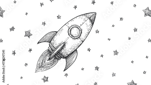 Vintage hand drawn rocket flying through a starry night sky, detailed black and white sketch illustration, space exploration concept