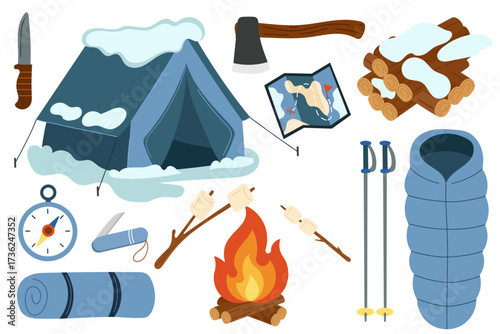 
Winter camping equipment vector set with snowy tent, sleeping bag, campfire with marshmallows, hiking poles, map, axe, knife, compass, log pile, and travel gear. Perfect for outdoor adventure designs