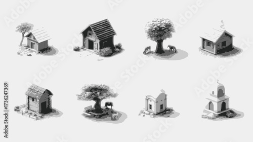 Isometric black and white hand-drawn village buildings and trees sketch collection. Rustic architectural elements for game assets or map design.
