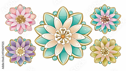 Very beautiful Eight pastel-colored enamel flower embellishments with gold accents and silver centers are arranged on a white background
