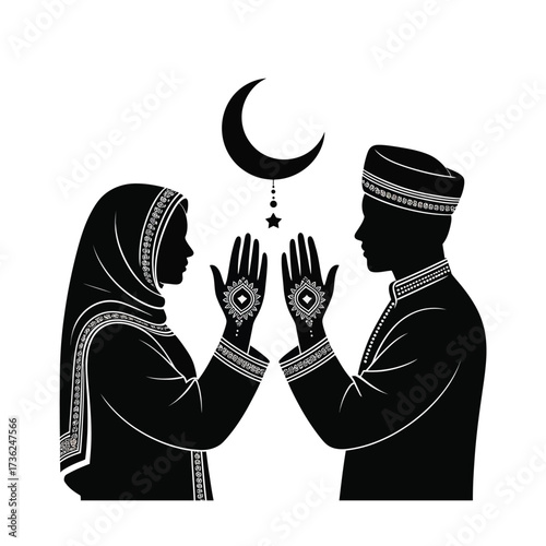 Muslim couple praying under crescent moon silhouette