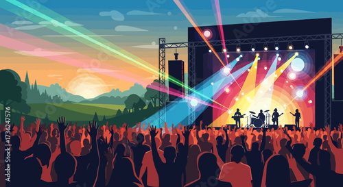 Outdoor concert with a band performing on stage under a colorful sunset sky with a cheering crowd in the foreground