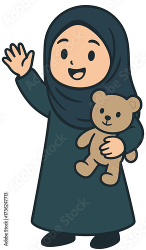 Cute Muslim Girl Cartoon Waving Hand with Teddy Bear | Islamic Kids Illustration