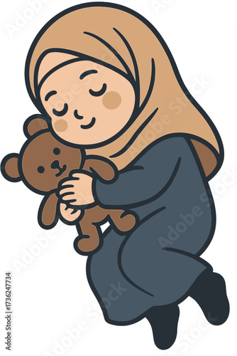 Muslim Girl Cartoon Hugging Teddy Bear | Cute Islamic Kid Illustration