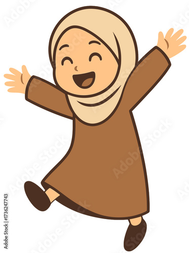 Happy Muslim Girl Cartoon Jumping | Cute Islamic Character Illustration
