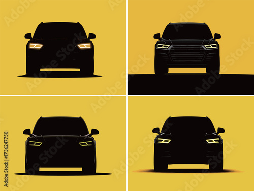 Four sleek car silhouettes showcase their designs with bright headlights. The vibrant yellow background emphasizes their elegant shapes and modern appeal.