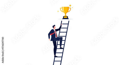 Conceptual illustration of ambition and success, featuring a businessman climbing the corporate ladder to reach his goal and win a trophy