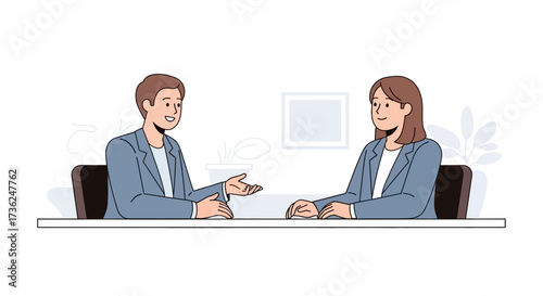 Two people in business attire discussing during a meeting at a desk, illustration