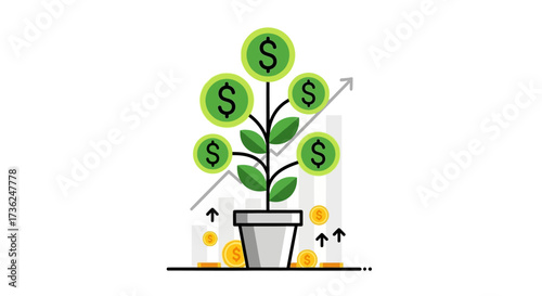 Vector illustration of a growing money tree with dollar sign coins, representing successful investment, wealth, and economic progress