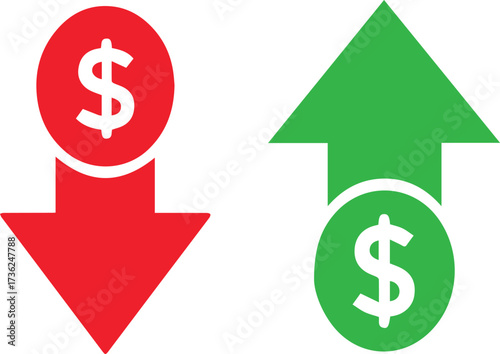 Dollar Price Up and Down Icon in Line Style with Coin Graph, Money Cost Growth and Decline Arrows Flat Design
