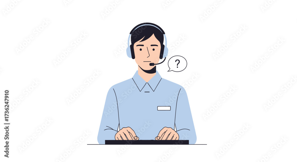 Fototapeta premium Customer service agent wearing headset and typing on keyboard with a question mark bubble above head