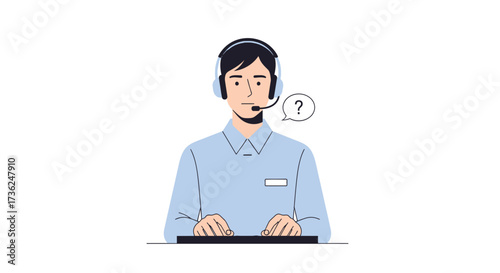 Customer service agent wearing headset and typing on keyboard with a question mark bubble above head