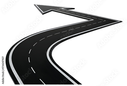 Curved Black Road with White Lines and Upward Arrow, S-Shaped Path Vector for Navigation, Journey, Direction, and Progress Concepts
