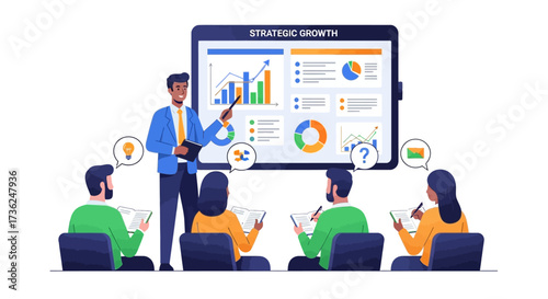 Expert professional conducts a strategic business growth presentation, sharing data insights and analytics to empower team learning and drive organizational development