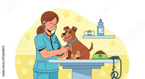 Veterinarian examines a happy dog with a stethoscope, illustrating a professional vet checking the dog's health during a routine clinic visit