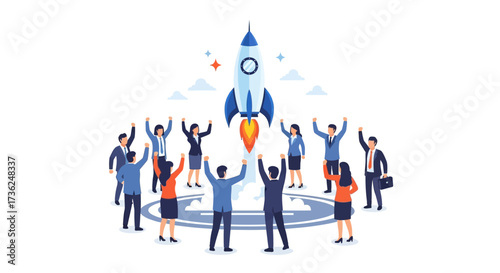 Collaborative business team celebrating the successful launch of an entrepreneurial venture, symbolizing innovation, future growth, and collective achievement