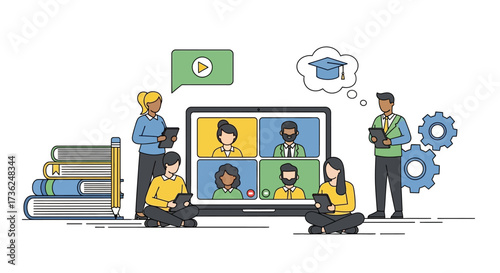 Modern e-learning concept illustrating students and teachers in a virtual classroom video conference for distance education and online courses