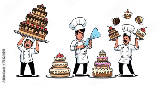 Cartoon Bakers Decorating and Presenting Multi-Tiered Cakes.
