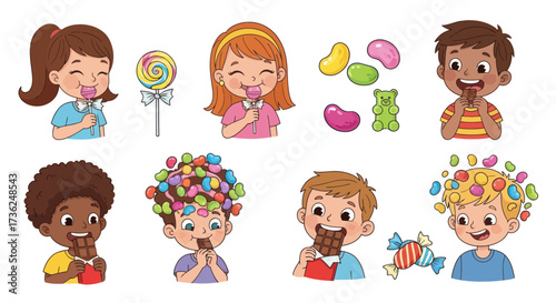 Cartoon Children Enjoying Various Sweets and Candies.