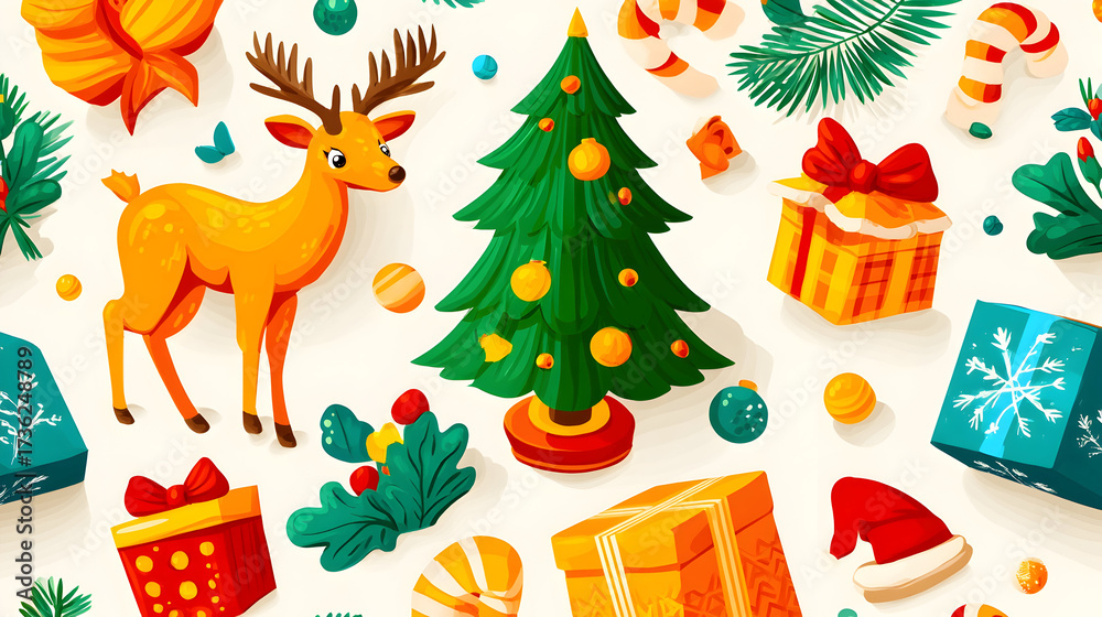 Fototapeta premium Festive Christmas Still Life with Cartoon Reindeer Tree Gifts and Holiday Ornaments