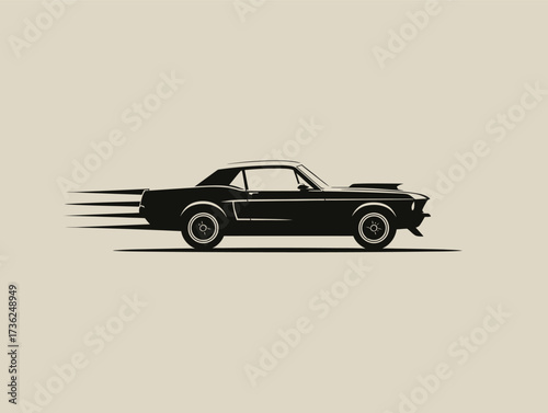 A classic muscle car accelerates with speed lines trailing behind, showcasing its powerful design. The black silhouette contrasts against a light background.