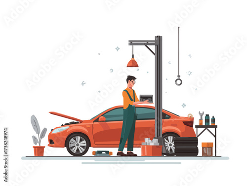 A mechanic inspects a cars engine in a bright garage, surrounded by tools and parts. Plants add a touch of greenery to the workspace.
