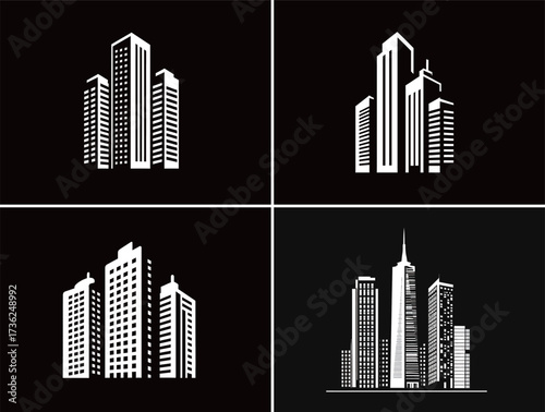 Different silhouettes of tall buildings are presented in black and white. Each design highlights unique architectural styles and shapes, creating a diverse cityscape look.