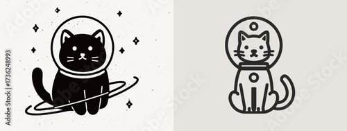 Two adorable cats in spacesuits float in space, surrounded by stars. One cat is black while the other is light-colored, both featuring unique helmet designs.