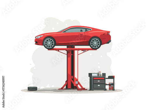 A bright red car is raised on a hydraulic lift inside a neat garage. Tools are organized on a nearby workbench, showcasing an efficient workspace for automotive repairs.