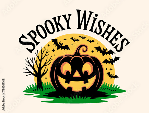 Halloween spooky wishes pumpkin bats moon vector graphic design image art