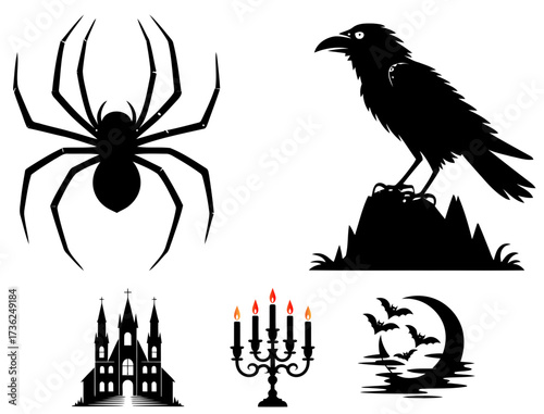Halloween spider raven bats haunted house spooky vector silhouette