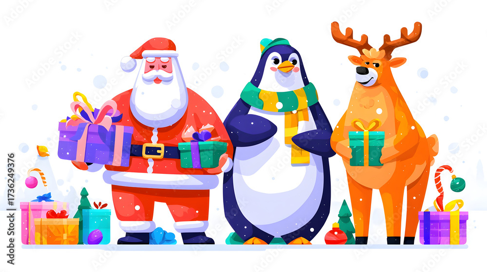 Fototapeta premium Festive Trio Santa Penguin and Reindeer with Gifts in a Snowy Scene