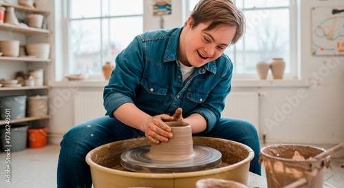 Happy young man with Down Syndrome using a pottery wheel to make ceramics