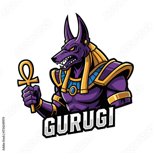 Menacing Anubis character mascot holding ankh for esports team logo design, perfect for gaming streams and online communities, bring a fierce and ancient Egyptian vibe to your brand
