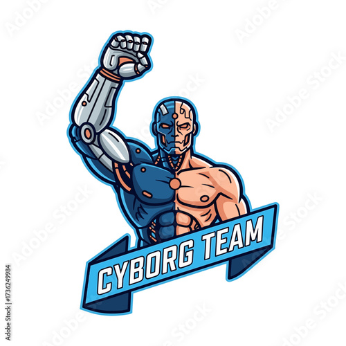 Futuristic cyborg team mascot logo with half human and half robot design, perfect for gaming, esports, or technology brand identity, conveying strength, innovation and cutting edge appeal